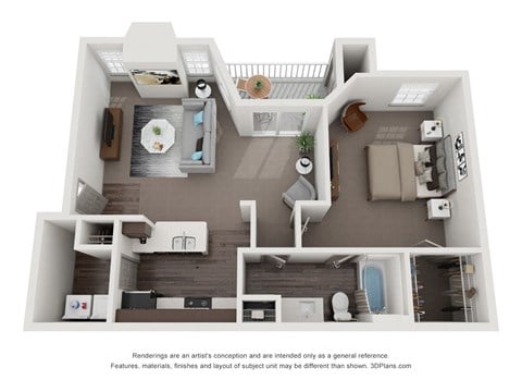 Floor plan for 1 bed, 1 bath, 569 sqft